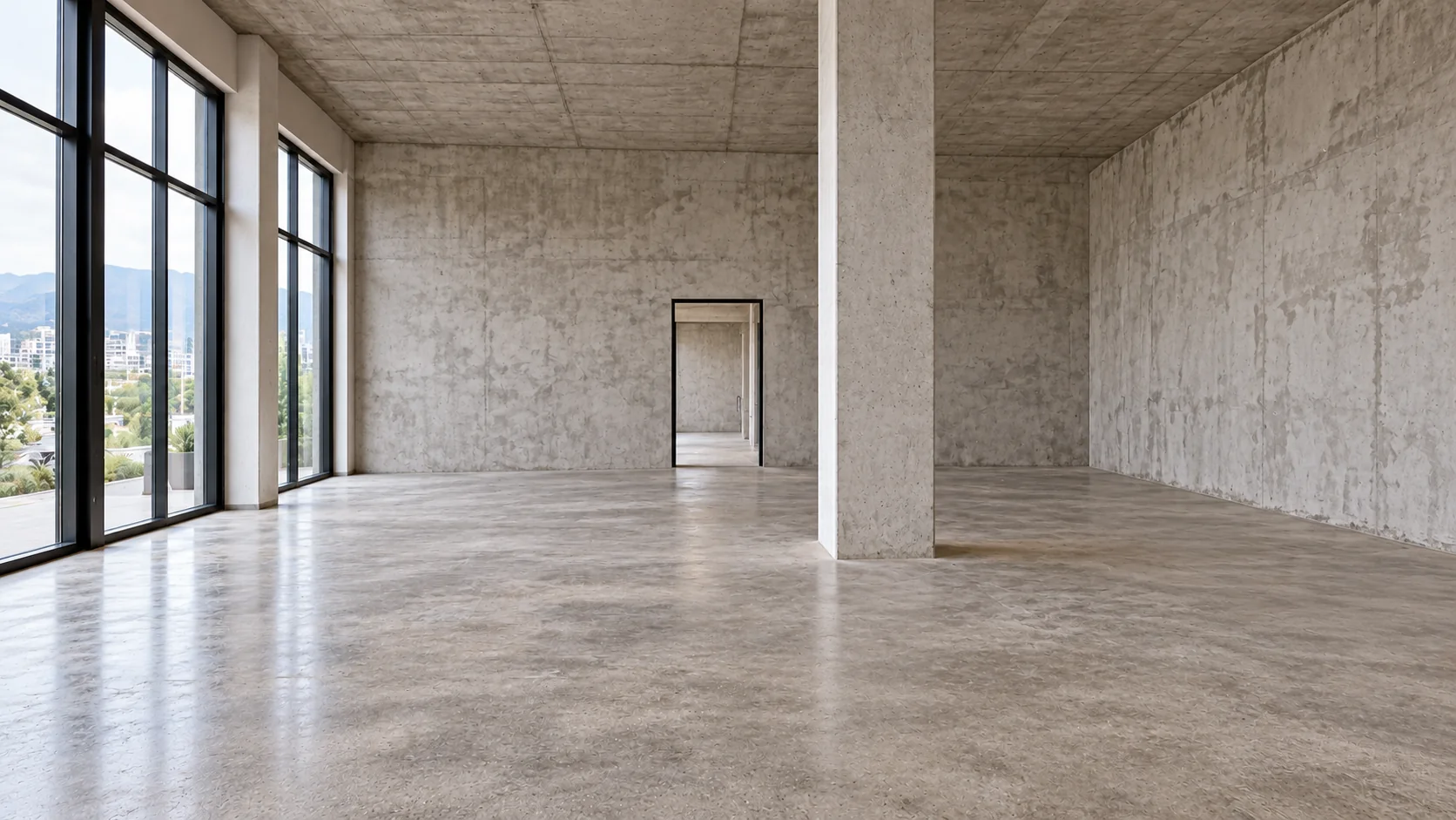 Empty commercial unit with concrete structure and full-height windows