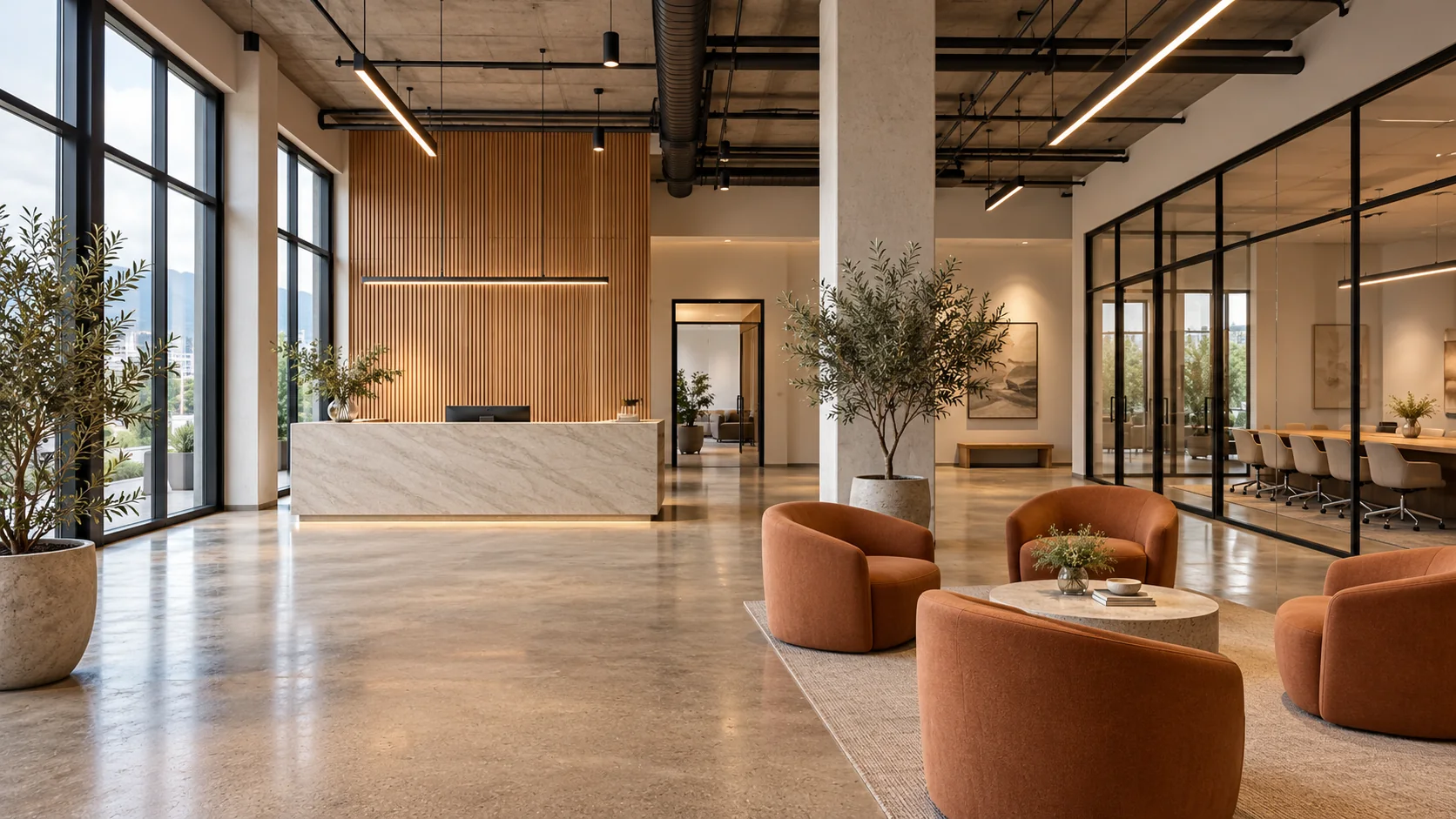 Commercial reception visualization with oak feature wall, stone desk and glazed meeting room